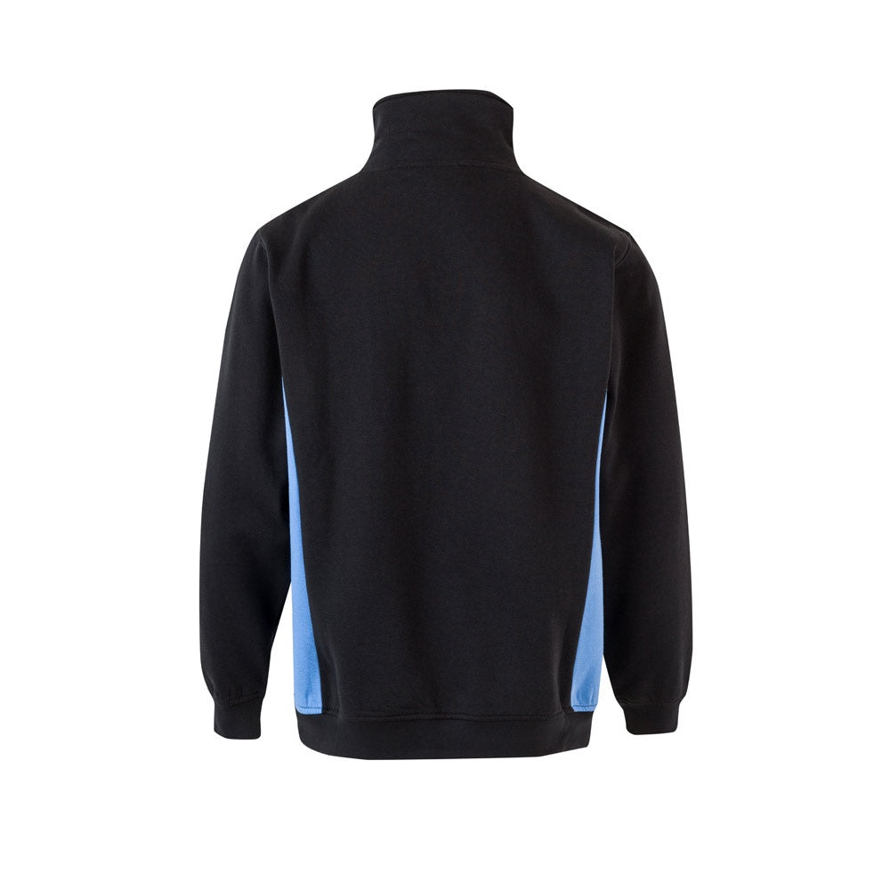 VL SVAROG promotional sweatshirt in black / light blue (detail view) with custom logo branding