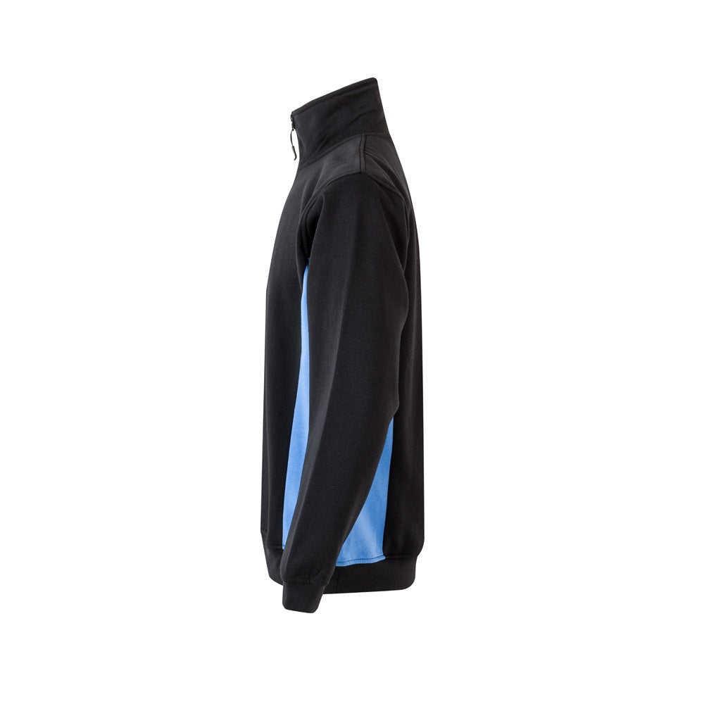 VL SVAROG promotional sweatshirt in black / light blue (detail view) with custom logo branding