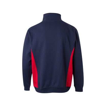 VL SVAROG promotional sweatshirt in navy blue / red (detail view) with custom logo branding