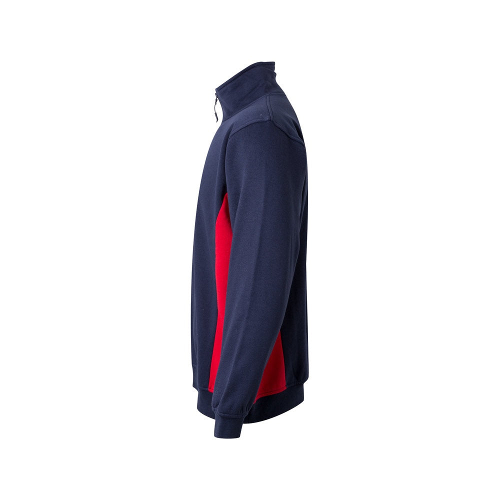 VL SVAROG promotional sweatshirt in navy blue / red (detail view) with custom logo branding
