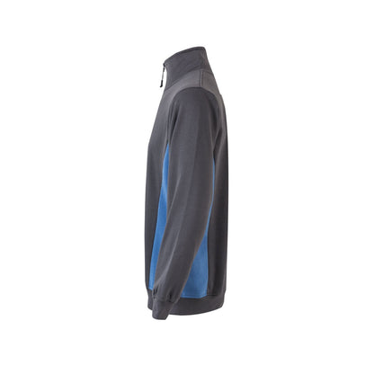 VL SVAROG promotional sweatshirt in grey / light blue (detail view) with custom logo branding
