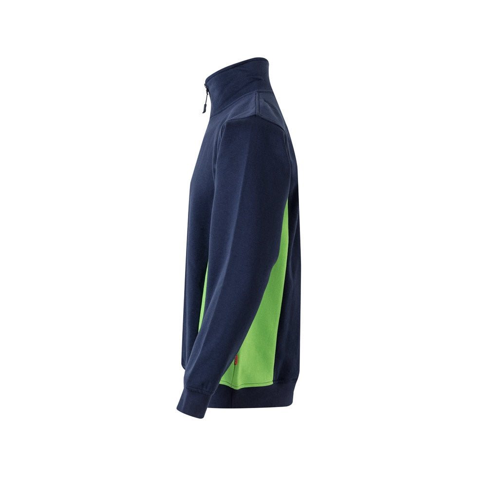 VL SVAROG promotional sweatshirt in navy blue / green (detail view) with custom logo branding