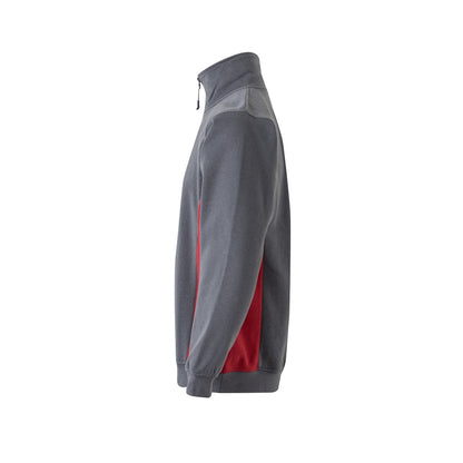 VL SVAROG promotional sweatshirt in grey / red (detail view) with custom logo branding