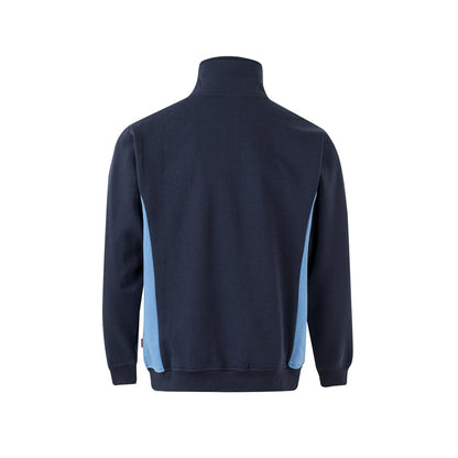 VL SVAROG promotional sweatshirt in navy blue / light blue (detail view) with custom logo branding