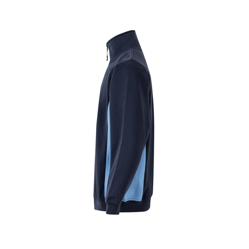VL SVAROG promotional sweatshirt in navy blue / light blue (detail view) with custom logo branding