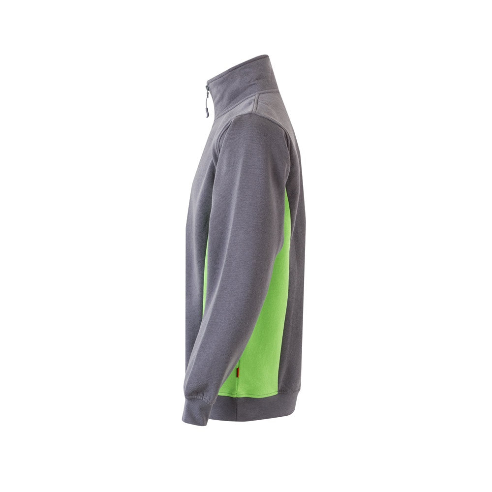 VL SVAROG promotional sweatshirt in grey / green (detail view) with custom logo branding