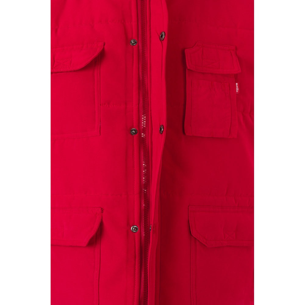 VL MEFITIS promotional jacket in red (detail view) with custom logo branding