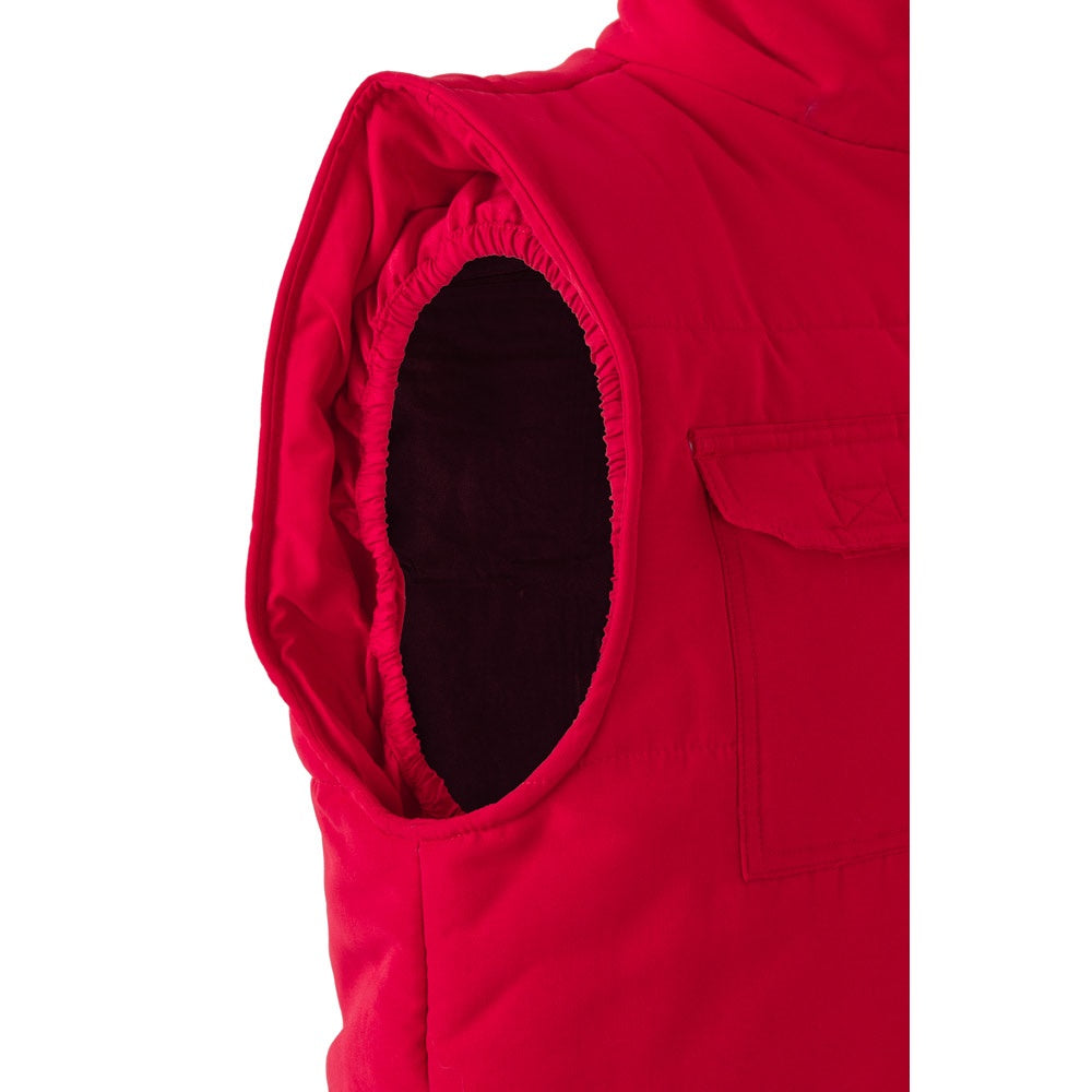 VL MEFITIS promotional jacket in red (detail view) with custom logo branding