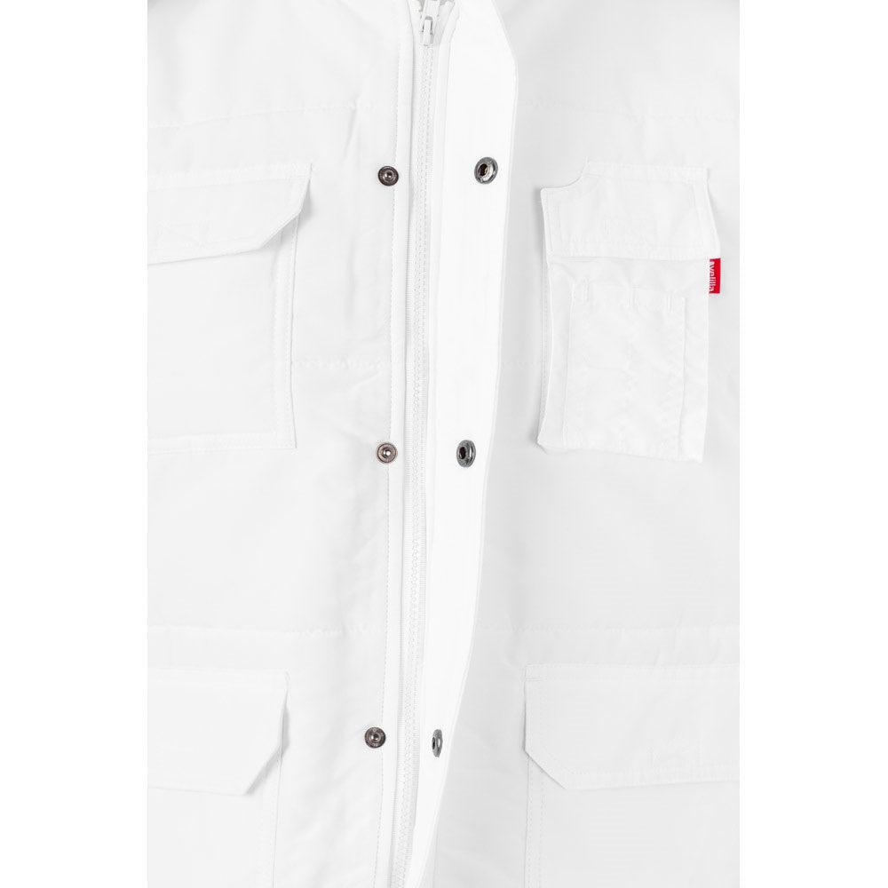 VL MEFITIS promotional jacket in white (detail view) with custom logo branding