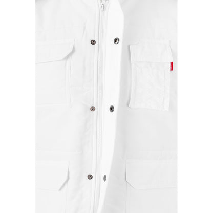 VL MEFITIS promotional jacket in white (detail view) with custom logo branding