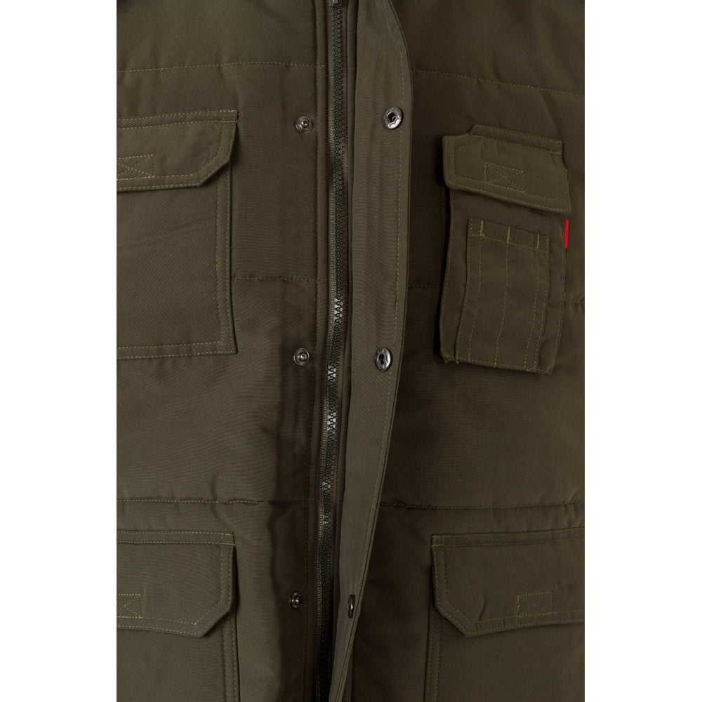 VL MEFITIS promotional jacket in army green (detail view) with custom logo branding