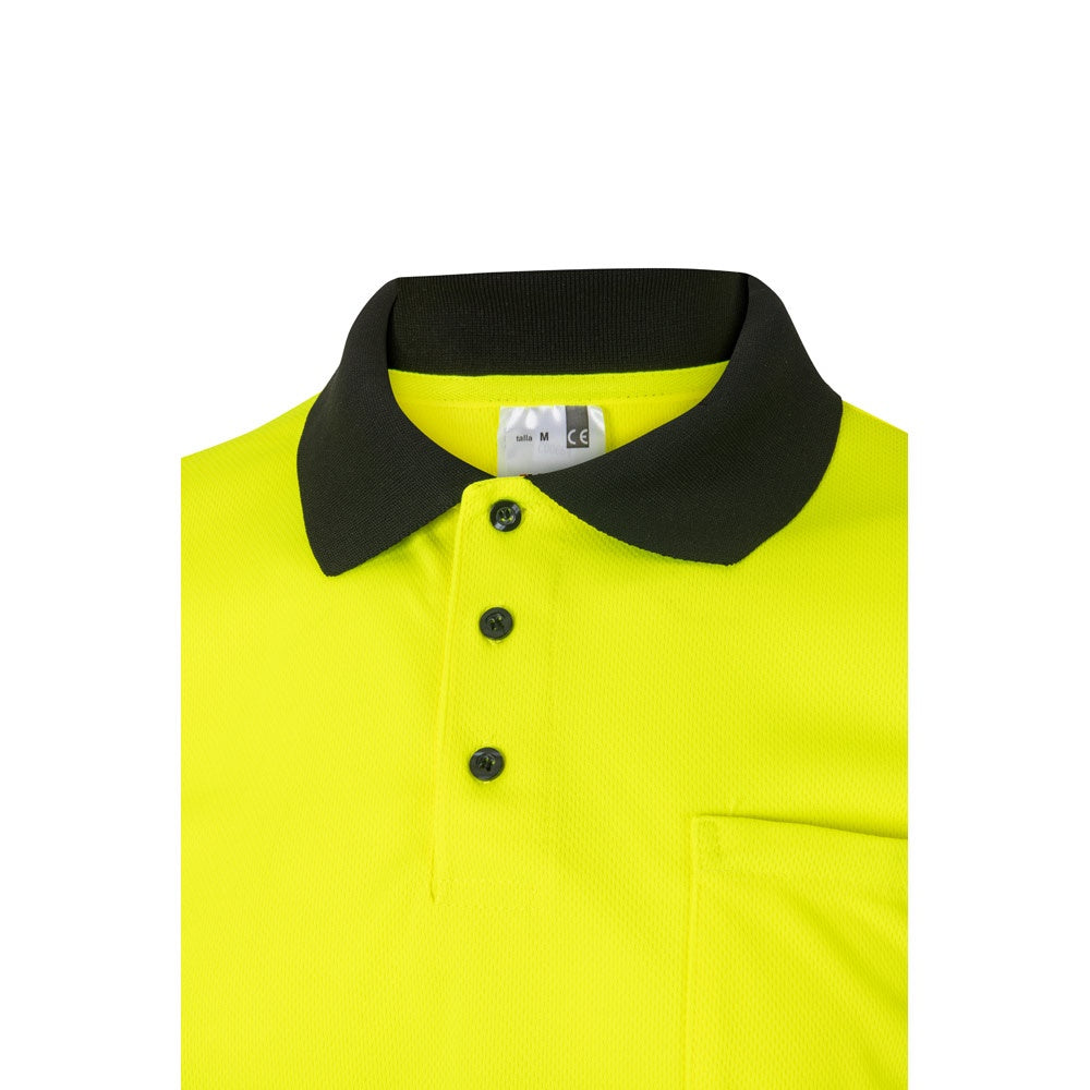 VL CUPID promotional polo shirt in black/yellow (detail view) with custom logo branding