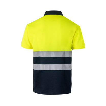 VL CUPID promotional polo shirt in navy blue/yellow (detail view) with custom logo branding