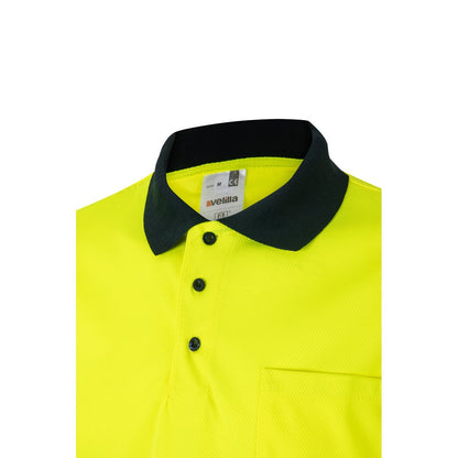 VL CUPID promotional polo shirt in navy blue/yellow (detail view) with custom logo branding