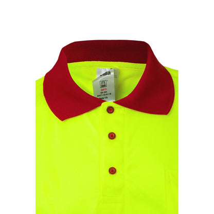 VL CUPID promotional polo shirt in red/yellow (detail view) with custom logo branding