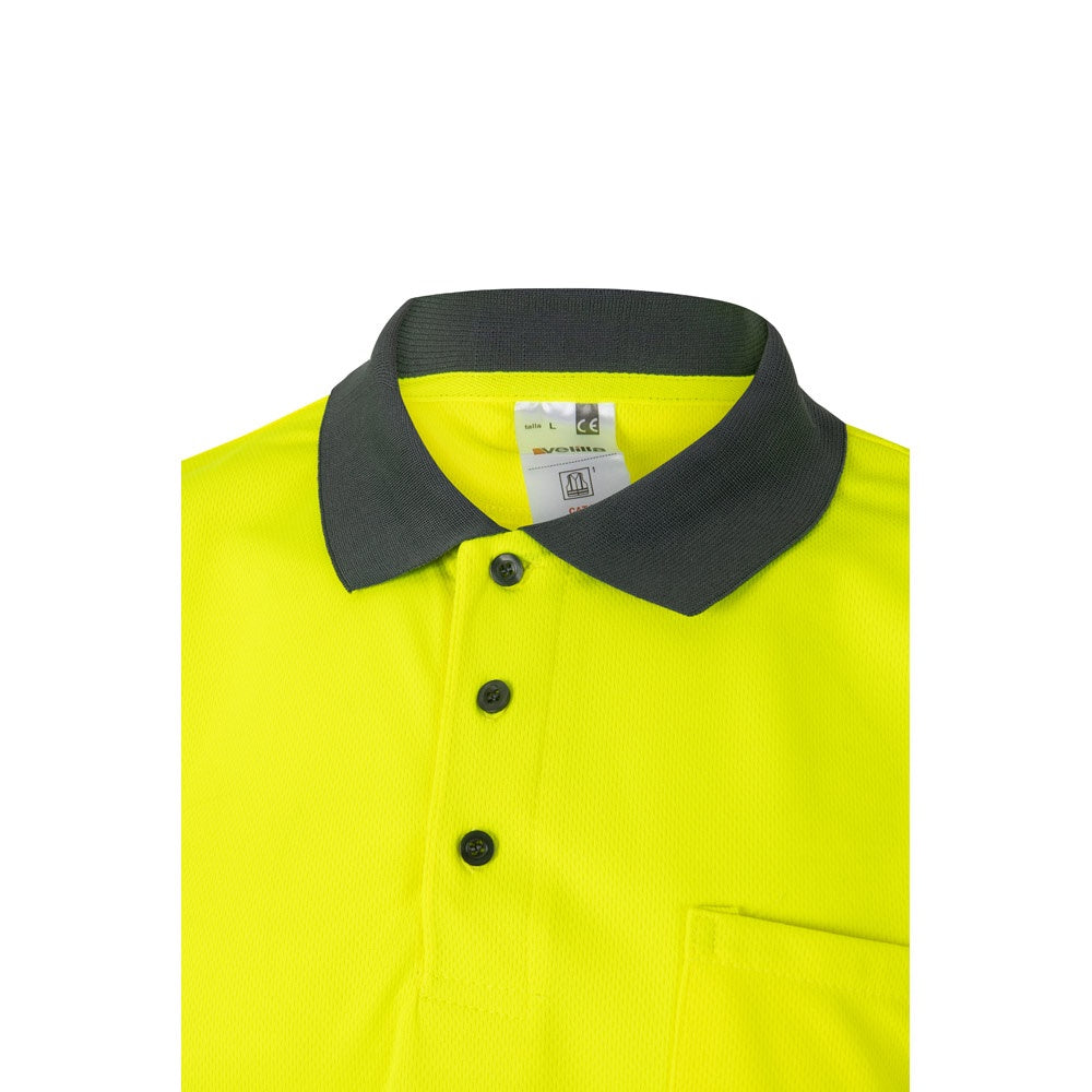 VL CUPID promotional polo shirt in grey/yellow (detail view) with custom logo branding