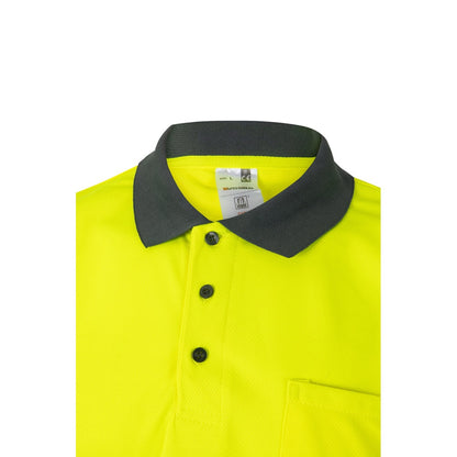 VL CUPID promotional polo shirt in grey/yellow (detail view) with custom logo branding