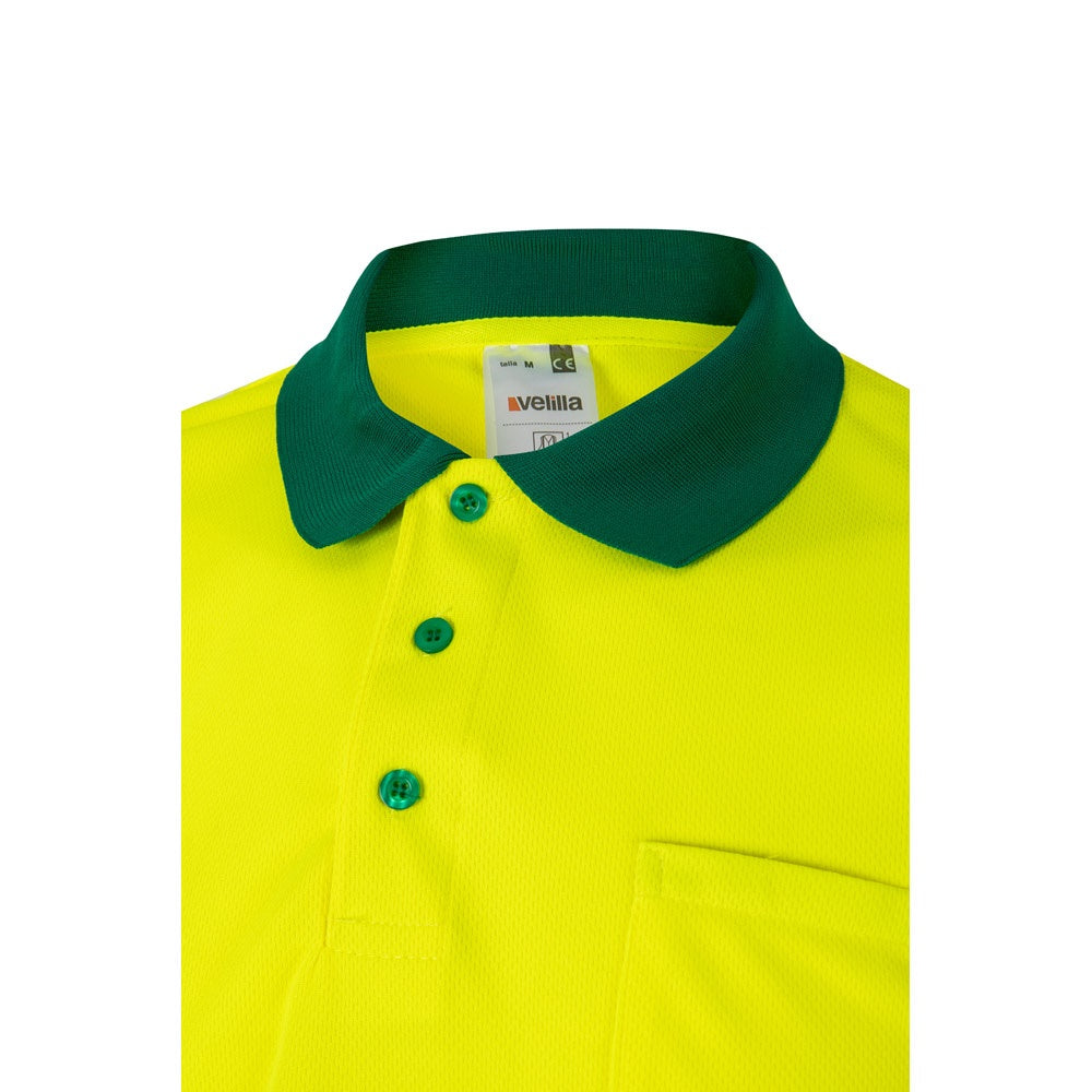 VL CUPID promotional polo shirt in green/yellow (detail view) with custom logo branding