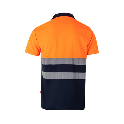 VL CUPID promotional polo shirt in navy blue/orange (detail view) with custom logo branding