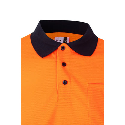 VL CUPID promotional polo shirt in navy blue/orange (detail view) with custom logo branding