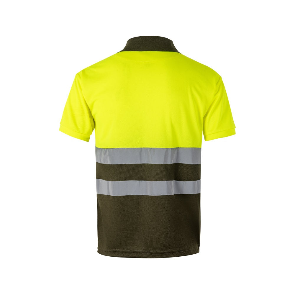 VL CUPID promotional polo shirt in army green/yellow (detail view) with custom logo branding