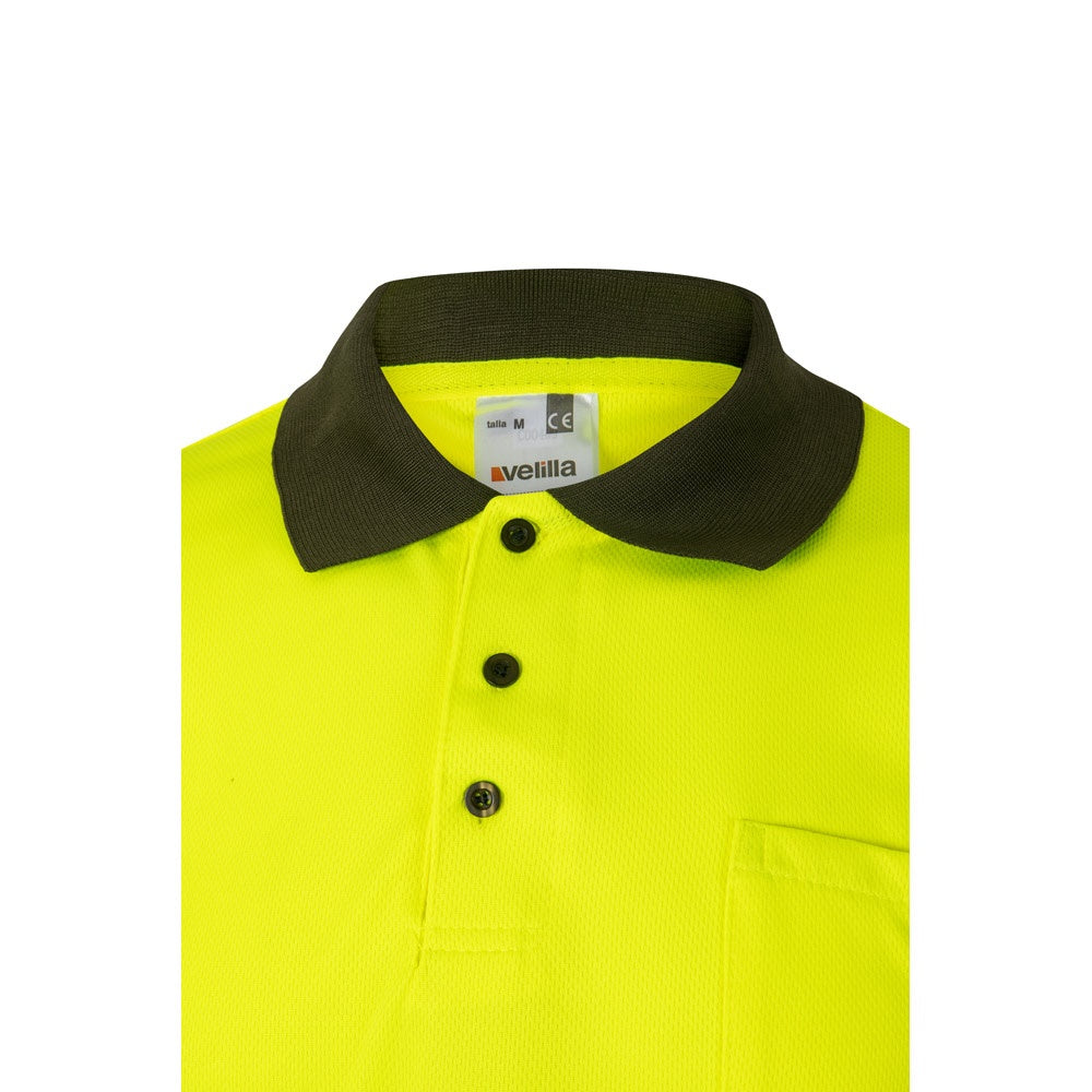 VL CUPID promotional polo shirt in army green/yellow (detail view) with custom logo branding