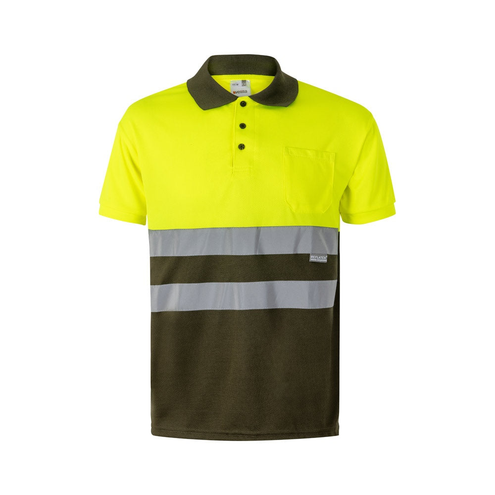VL CUPID promotional polo shirt in army green/yellow with custom logo branding