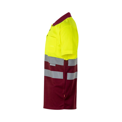 VL CUPID promotional polo shirt in burgundy/yellow (detail view) with custom logo branding