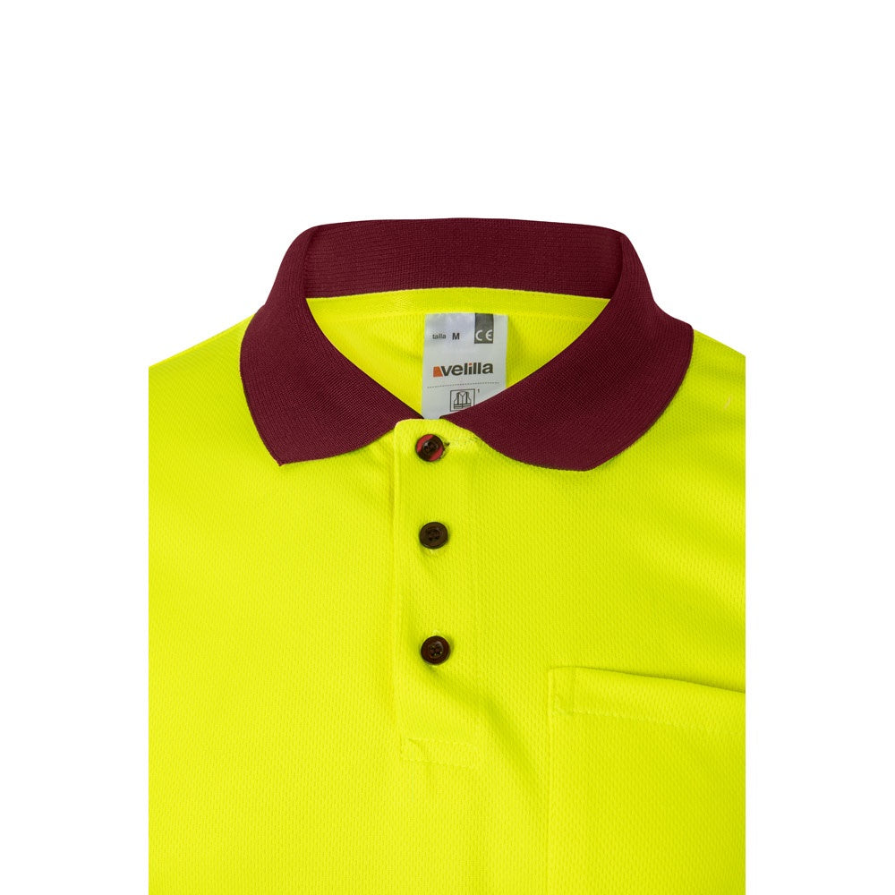 VL CUPID promotional polo shirt in burgundy/yellow (detail view) with custom logo branding