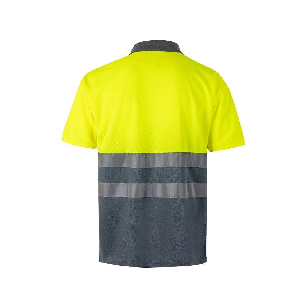 VL CUPID LARGE promotional polo shirt in grey/yellow (detail view) with custom logo branding