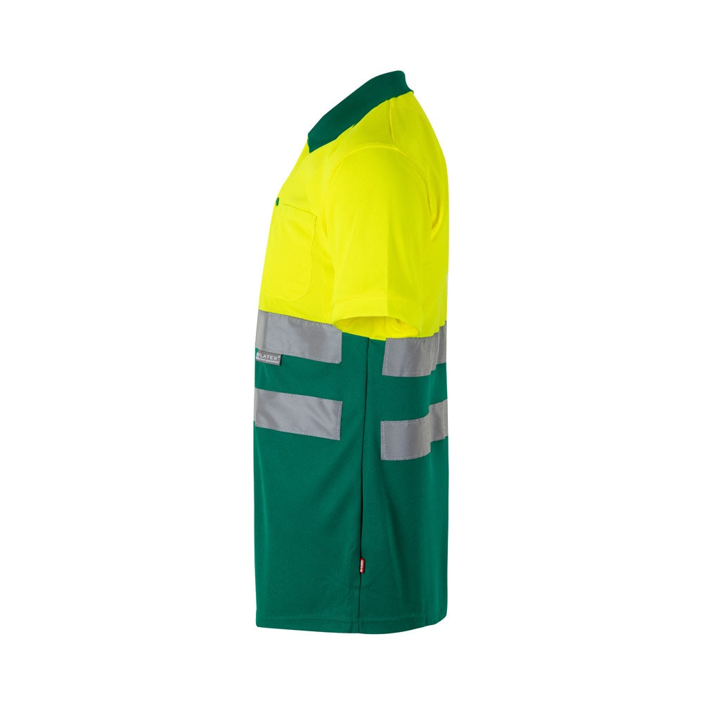 VL CUPID LARGE promotional polo shirt in green/yellow (detail view) with custom logo branding