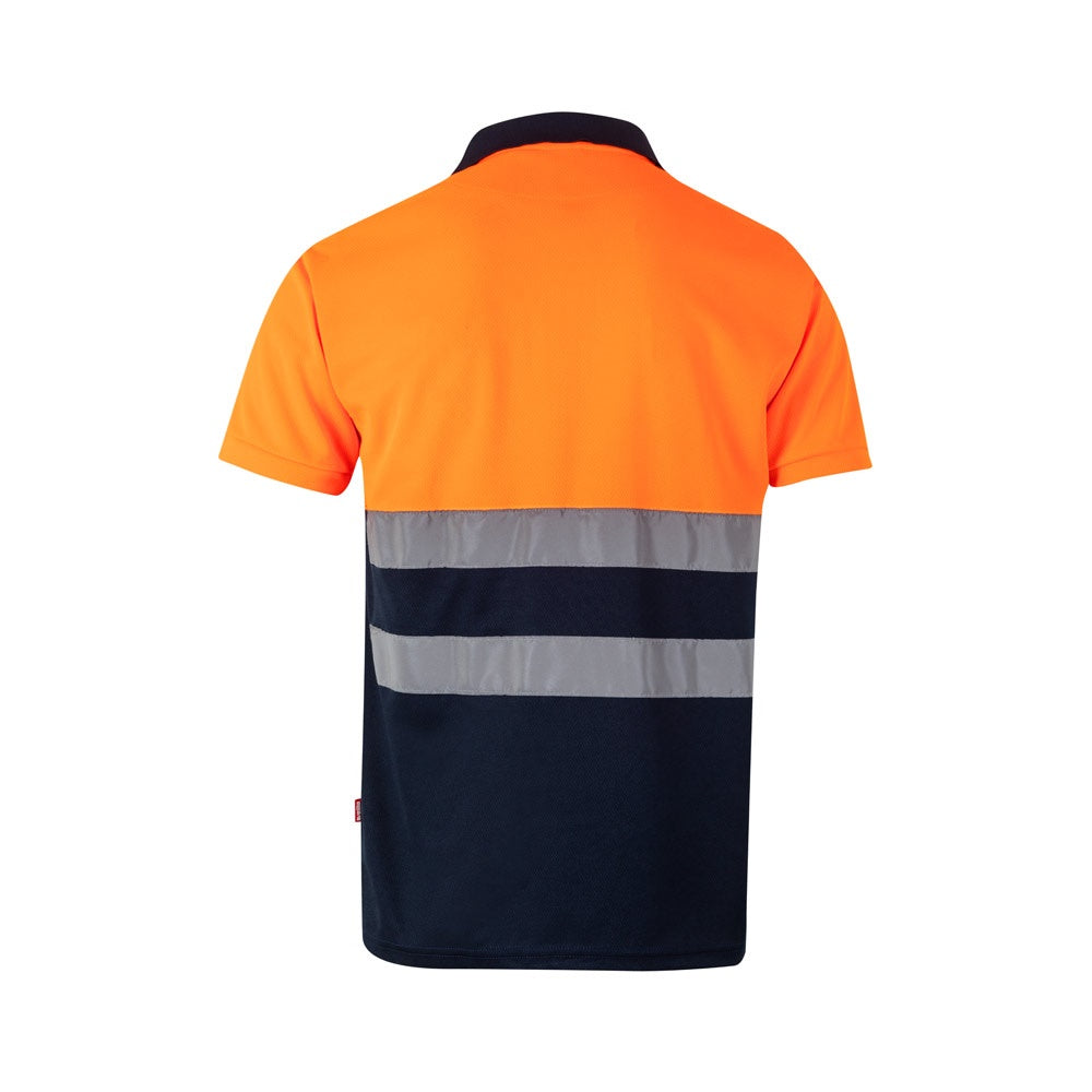 VL CUPID LARGE promotional polo shirt in navy blue/orange (detail view) with custom logo branding