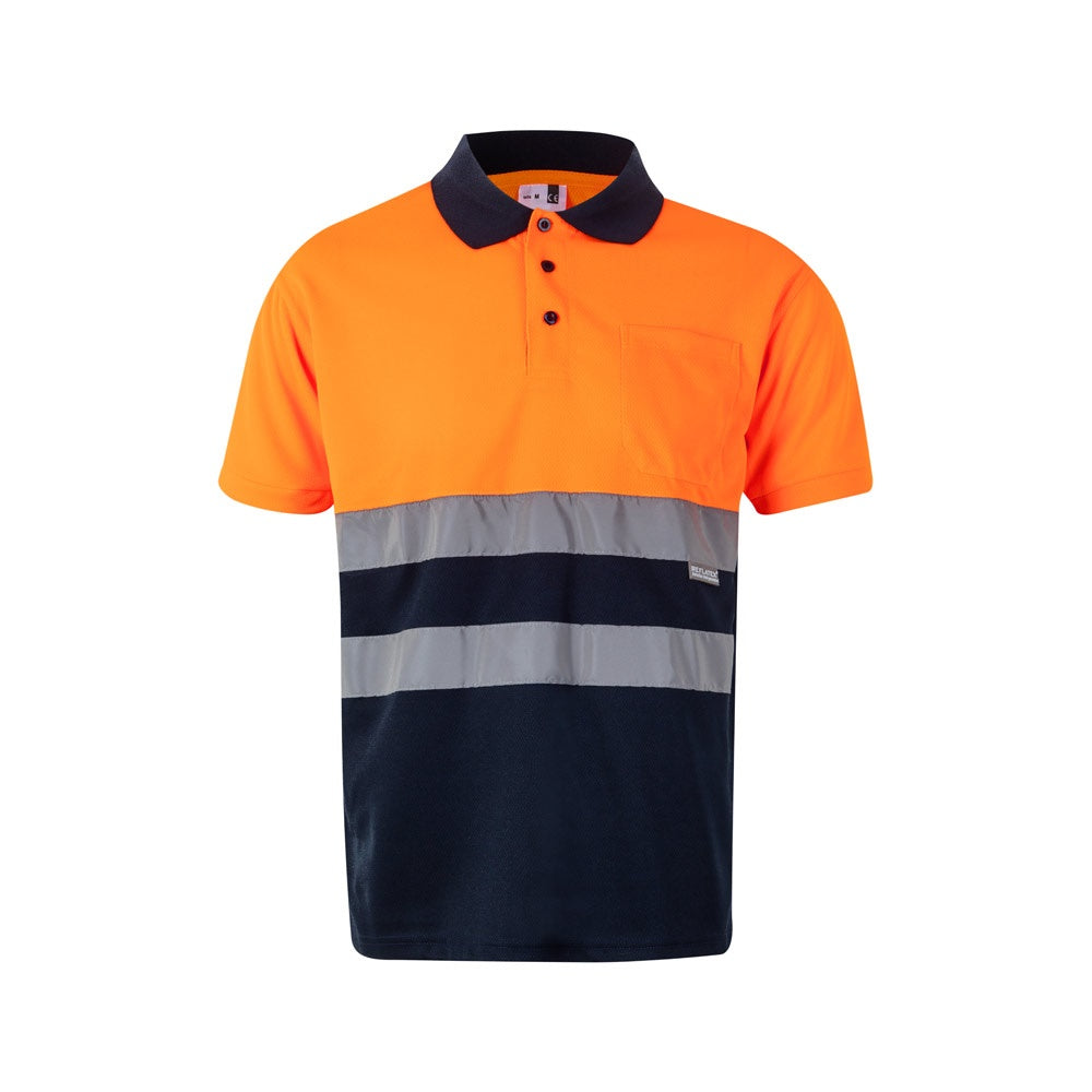 VL CUPID LARGE promotional polo shirt in navy blue/orange with custom logo branding