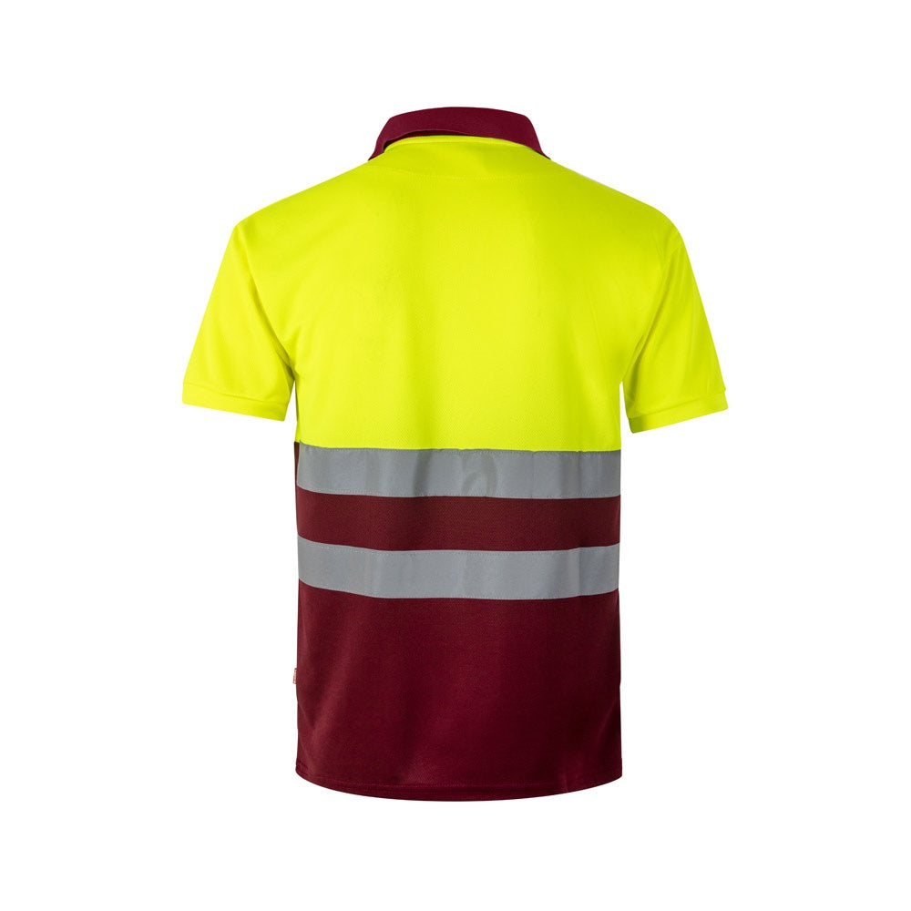VL CUPID LARGE promotional polo shirt in burgundy/yellow (detail view) with custom logo branding