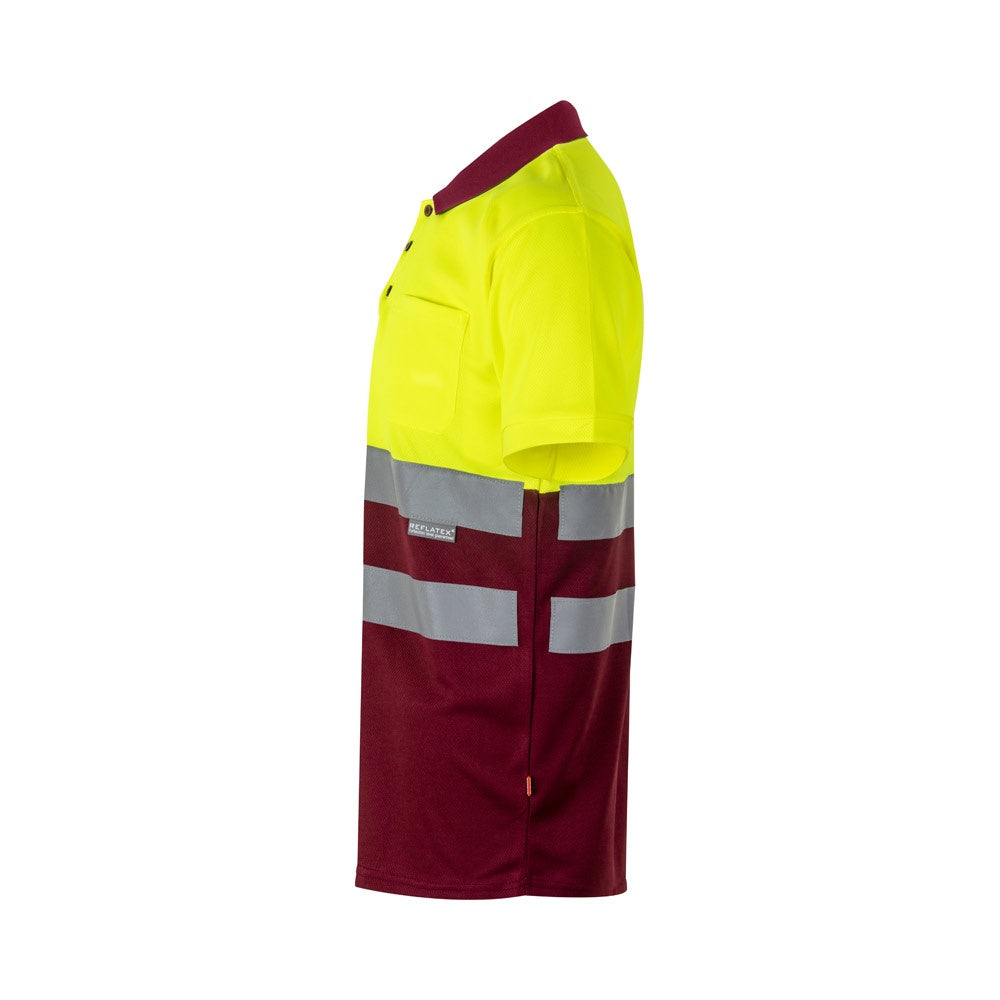 VL CUPID LARGE promotional polo shirt in burgundy/yellow (detail view) with custom logo branding