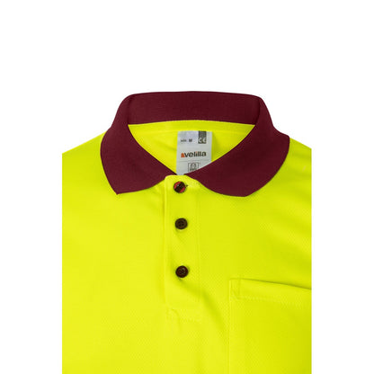 VL CUPID LARGE promotional polo shirt in burgundy/yellow (detail view) with custom logo branding
