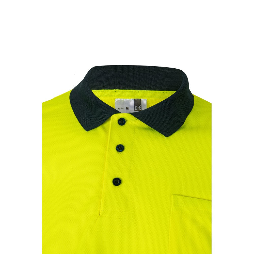 VL VULCAN promotional polo shirt in navy blue/yellow (detail view) with custom logo branding