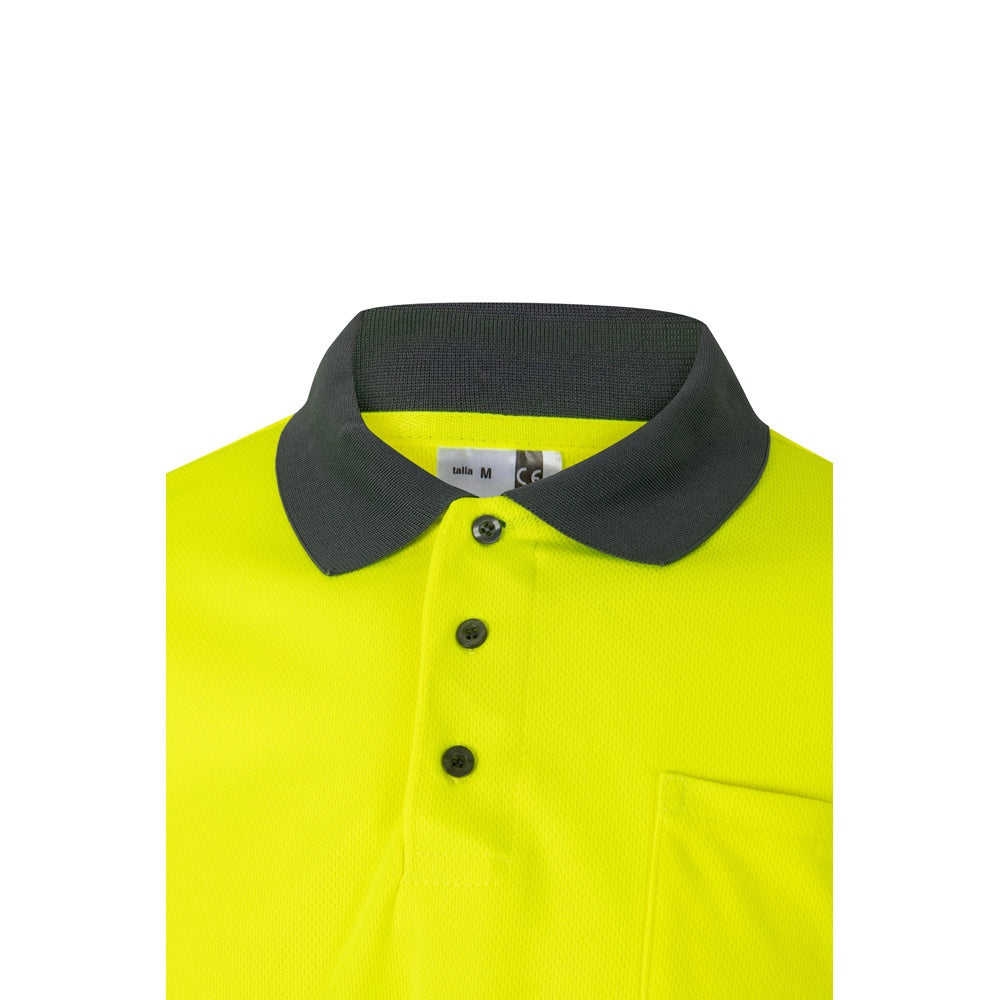 VL VULCAN promotional polo shirt in grey/yellow (detail view) with custom logo branding