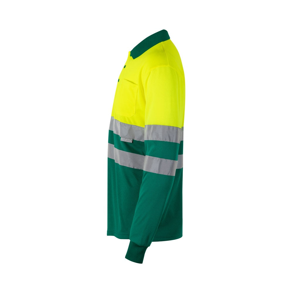 VL VULCAN promotional polo shirt in green/yellow (detail view) with custom logo branding
