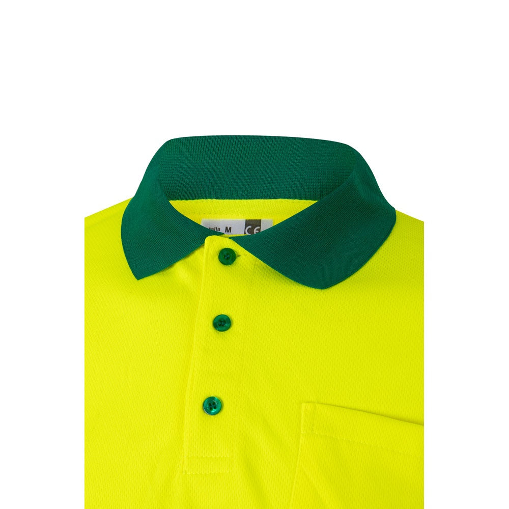 VL VULCAN promotional polo shirt in green/yellow (detail view) with custom logo branding