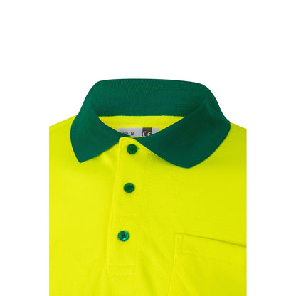 VL VULCAN promotional polo shirt in green/yellow (detail view) with custom logo branding
