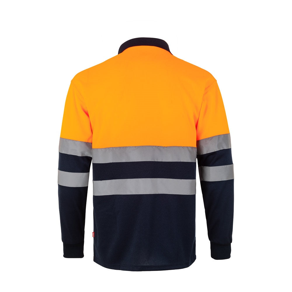 VL VULCAN promotional polo shirt in navy blue/orange (detail view) with custom logo branding