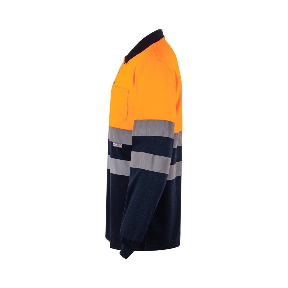 VL VULCAN promotional polo shirt in navy blue/orange (detail view) with custom logo branding
