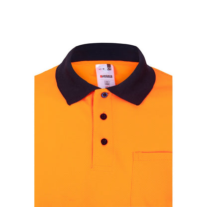 VL VULCAN promotional polo shirt in navy blue/orange (detail view) with custom logo branding