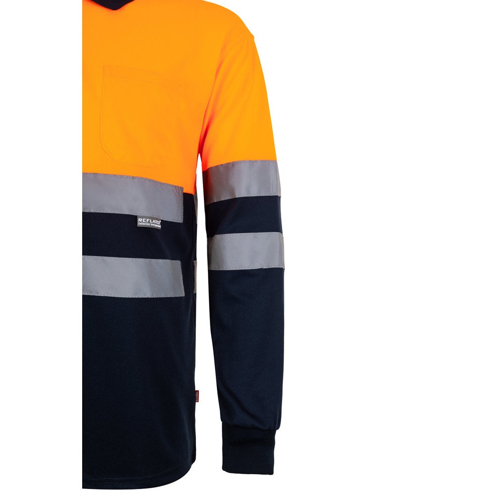 VL VULCAN promotional polo shirt in navy blue/orange with custom logo branding