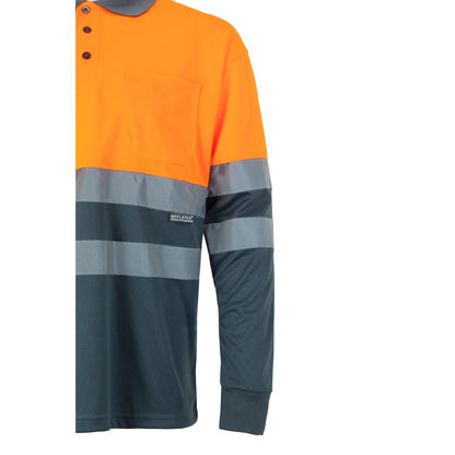 VL VULCAN promotional polo shirt in grey/orange with custom logo branding
