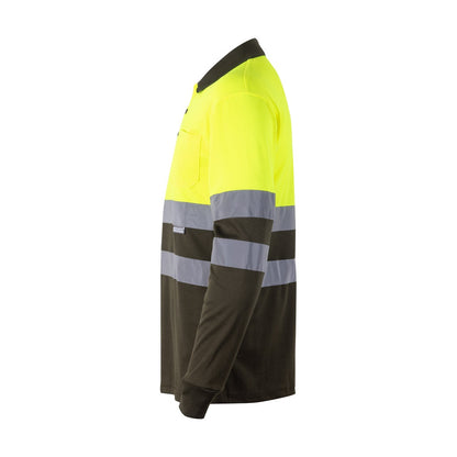 VL VULCAN promotional polo shirt in army green/yellow (detail view) with custom logo branding