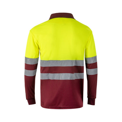VL VULCAN promotional polo shirt in burgundy/yellow (detail view) with custom logo branding