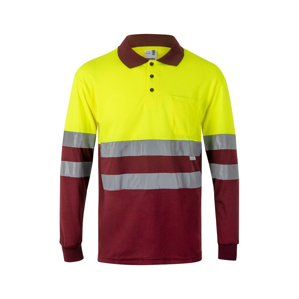 VL VULCAN promotional polo shirt in burgundy/yellow with custom logo branding