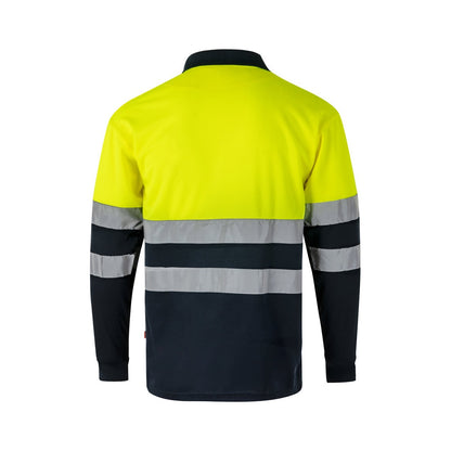 VL VULCAN LARGE promotional polo shirt in navy blue/yellow (detail view) with custom logo branding